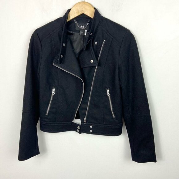 H&M Lana Del Ray Black Moto Biker Jacket Zipper Size 4 Zipper Cuffs Thick Fabric - Picture 12 of 13